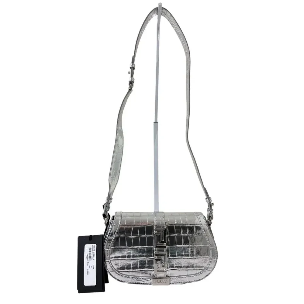 Versace Garcia Croc-Embossed Leather Shoulder Bag Silver New 2900$